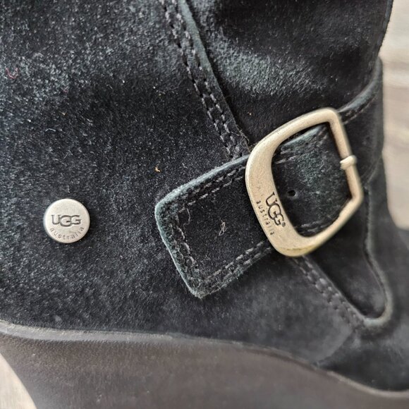 UGG Gissella Womens Suede Sheepskin Shearling Wedge Zip Black Ankle Boots 5593 - Picture 10 of 14